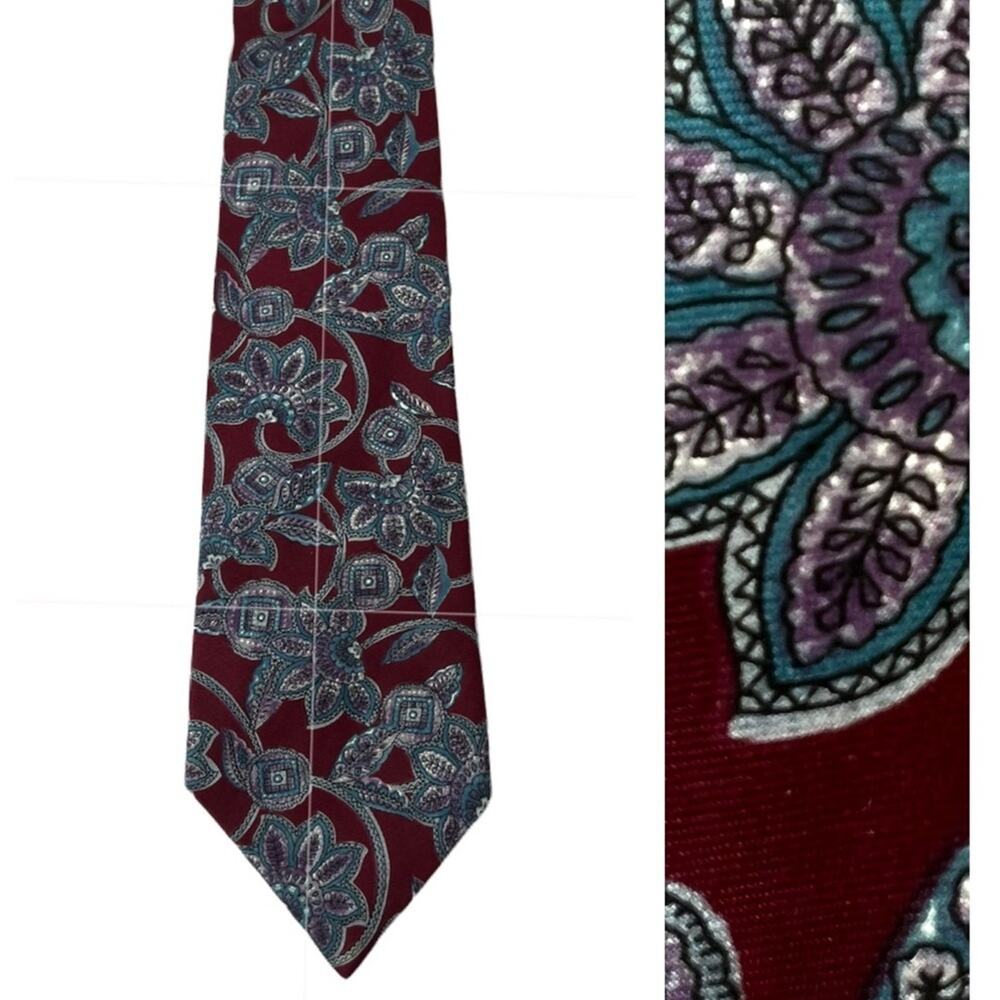 Christian Dior Monsieur tie burgundy red wine teal floral textured necktie